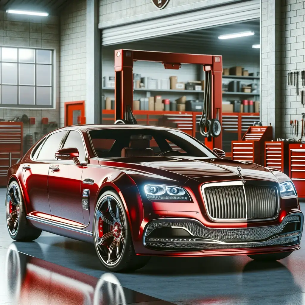 Ein luxuriöses und teures rotes Auto, geparkt vor einer Autowerkstatt. Das Auto hat ein elegantes und anspruchsvolles Design mit glänzender Lackierung, poliertem Chrom.